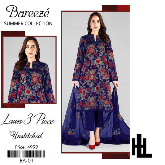 BAREEZE SUMMER COLLECTION 3PC LAWN FLOWER EMBROIDERED